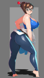 Rule 34 | 1girl, absurdres, ass, bare shoulders, barefoot, breasts, brown eyes, brown hair, cleavage, curvy, dixi-q, female focus, full body, glasses, highres, huge ass, large breasts, long hair, looking at viewer, looking back, mei (overwatch), overwatch, overwatch 1, smile, solo, standing, tank top