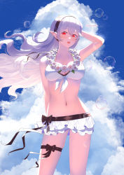 Rule 34 | 1girl, :d, absurdres, anklet, arm behind head, arm up, bikini, bikini skirt, black bow, blue sky, bow, breasts, bubble, cleavage, cloud, cloudy sky, collarbone, corrin (female) (fire emblem), corrin (female) (summer) (fire emblem), corrin (fire emblem), cowboy shot, fire emblem, fire emblem fates, fire emblem heroes, floating hair, flower, flower necklace, front-tie top, grey hair, hair between eyes, hair flower, hair ornament, hairband, highres, jewelry, large breasts, long hair, looking at viewer, microskirt, navel, necklace, nintendo, official alternate costume, open mouth, parupome, pointy ears, red eyes, skirt, sky, smile, solo, standing, swimsuit, thigh strap, twitter username, very long hair, white bikini, wind