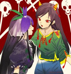 Rule 34 | 2girls, black gloves, black hair, collarbone, dress, elbow gloves, eye contact, flower, flower on head, gloves, green shirt, highres, horns, leaf print, long hair, looking at another, multiple girls, nippaku zanmu, open mouth, orchid, print dress, puffy short sleeves, puffy sleeves, purple dress, purple eyes, red background, red eyes, shirt, short sleeves, skull, smile, teeth, touhou, upper body, upper teeth only, yomotsu hisami, zeikomi