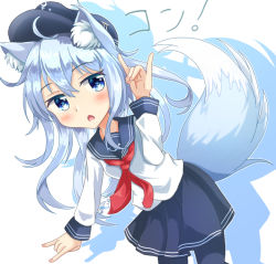 Rule 34 | 1girl, ahoge, anchor symbol, animal ear fluff, animal ears, black hat, black pantyhose, black sailor collar, black skirt, blue eyes, blue hair, blush, colored shadow, commentary request, drop shadow, flat cap, fox ears, fox girl, fox shadow puppet, fox tail, hair between eyes, hand up, hat, hibiki (kancolle), kantai collection, kemonomimi mode, long hair, long sleeves, looking at viewer, open mouth, pantyhose, pleated skirt, sailor collar, school uniform, serafuku, shadow, shirt, sills, skirt, solo, tail, translation request, very long hair, white background, white shirt