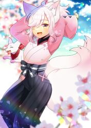 Rule 34 | 1girl, :d, animal ear fluff, animal ears, arms up, black hakama, blue sky, blurry, blurry background, blurry foreground, brown eyes, cloud, commentary request, commission, copyright request, day, depth of field, flower, fox ears, fox girl, fox tail, hair over one eye, hakama, hakama skirt, japanese clothes, kimono, kou hiyoyo, long sleeves, looking at viewer, multiple tails, open mouth, pink hair, pink kimono, ponytail, skeb commission, skirt, sky, smile, solo, tail, two tails, virtual youtuber, white flower, wide sleeves
