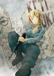 Rule 34 | 1girl, beads, blonde hair, blue shirt, boots, breasts, cleavage, frown, full body, grey eyes, gun, hair beads, hair ornament, highres, holding, holding gun, holding weapon, looking at viewer, medium hair, multicolored hair, nass na, original, outdoors, pants, red hair, rubble, shirt, sitting, small breasts, solo, tools, two-tone hair, weapon