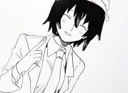 Rule 34 | black feathers, black hair, blush, closed eyes, coat, feather hair, feathers, formal, hat, highres, light blush, monochrome, necktie, open clothes, open coat, open mouth, pointing, pointing up, shameimaru aya, shirt, short hair, sketch, smile, suit, touhou, whoru