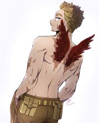 Rule 34 | 1boy, belt, blonde hair, body markings, boku no hero academia, burn scar, costume, facial hair, facial scar, facing away, feathered wings, feathers, goatee, hands in pockets, hawks (boku no hero academia), highres, looking back, mahoubin (totemo hot dayo), male focus, multiple scars, pants, red feathers, scar, scar on arm, scar on back, scar on cheek, scar on face, scar on neck, short hair, signature, smile, solo, toned, toned male, topless male, utility belt, white background, wings, yellow eyes