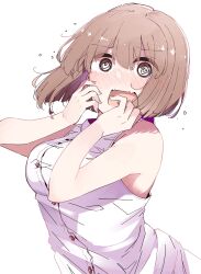 Rule 34 | 1girl, @ @, brown hair, buttons, character request, copyright request, dress, floating hair, hand on own cheek, hand on own face, highres, nyoijizai, open mouth, short hair, simple background, sleeveless, sleeveless dress, solo, wavy mouth, white background, white dress
