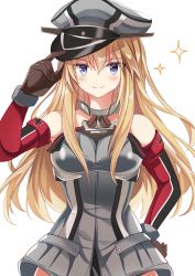 Rule 34 | 1girl, anchor, bismarck (kancolle), black hat, blonde hair, blue eyes, brown gloves, fathom, gloves, hair between eyes, hand on headwear, hand on own hip, hat, highres, kantai collection, long hair, looking at viewer, military, military hat, military uniform, peaked cap, simple background, smile, solo, sparkle, uniform, white background