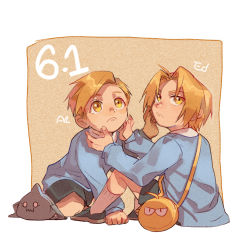 Rule 34 | 2boys, alphonse elric, antenna hair, bag, blonde hair, blue shirt, brothers, character name, edward elric, esu (825098897), expressionless, fingernails, full body, fullmetal alchemist, hands on another&#039;s face, long sleeves, looking back, looking up, male focus, multiple boys, orange background, shaded face, shirt, short hair, shorts, siblings, simple background, sitting, socks, white background, yellow eyes, aged down