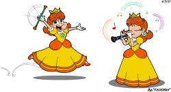 Rule 34 | 1girl, blue eyes, breasts, brown hair, clarinet, crown, dress, earrings, flower earrings, full body, gloves, grin, highres, instrument, jewelry, jumping, mario (series), musical note, nintendo, open mouth, orange dress, princess daisy, puffy short sleeves, puffy sleeves, short sleeves, smile, solo, spinning, super mario land
