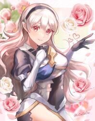 Rule 34 | 1girl, armor, black gloves, black hairband, breasts, corrin (female) (fire emblem), corrin (fire emblem), fire emblem, fire emblem fates, flower, gloves, hairband, heart, highres, long hair, looking at viewer, medium breasts, nintendo, parted lips, pink flower, pink rose, pointy ears, red eyes, rose, smile, solo, teeth, thighs, white flower, white hair, white rose, youhei choregi