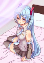 Rule 34 | 1girl, bare shoulders, bed, black skirt, black thighhighs, blue eyes, blue hair, blush, body writing, breasts, closed mouth, collared shirt, detached sleeves, green necktie, grey shirt, hair between eyes, hair ornament, hatsune miku, headphones, indoors, kusoyuridanchi, long hair, looking at viewer, necktie, on bed, pillow, pleated skirt, shirt, sitting, skirt, sleeveless, sleeveless shirt, small breasts, solo, thighhighs, twintails, very long hair, vocaloid, wing collar, yokozuwari, zettai ryouiki