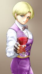 Rule 34 | 1girl, alcohol, black gloves, blonde hair, blouse, blue eyes, buttons, closed mouth, cup, drinking glass, earrings, fingerless gloves, glass, gloves, gradient background, grey background, highres, holding, jewelry, king (snk), lips, long sleeves, looking at viewer, pants, ryuuko no ken, shirt, short hair, simple background, snk, solo, the king of fighters, white shirt, wine glass, x chitch