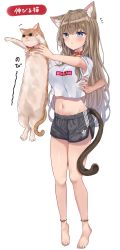 Rule 34 | 1girl, absurdres, akino ell, animal, animal ear fluff, animal ears, armpit peek, barefoot, bell, blue eyes, breasts, brown hair, carrying, cat, cat ears, cat girl, cat tail, clothes writing, collar, crop top, crop top overhang, disembodied hand, dolphin shorts, grey shorts, groin, hair ornament, hairclip, highres, jingle bell, large breasts, long hair, longcat (meme), looking up, meme, midriff, navel, notice lines, original, shirt, short shorts, short sleeves, shorts, simple background, solo, stomach, tail, thighs, white background, white shirt