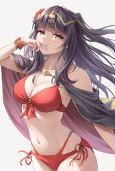 Rule 34 | 1girl, bikini, black hair, blunt bangs, breasts, cape, cleavage, fire emblem, fire emblem awakening, fire emblem heroes, floating hair, flower, flower bracelet, hair flower, hair ornament, large breasts, long hair, navel, nintendo, official alternate costume, parted lips, pink nails, red bikini, red flower, simple background, solo, stomach, swimsuit, ten (tenchan man), tharja (fire emblem), tharja (summer) (fire emblem), tiara, two-sided cape, two-sided fabric, white background, yellow eyes