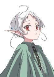 Rule 34 | 1girl, :o, absurdres, ahoge, cloak, elf, green cloak, highres, looking at viewer, mushoku tensei, open mouth, pointy ears, red eyes, short hair, simple background, solo, syagare, sylphiette (mushoku tensei), upper body, white background, white hair