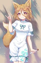 Rule 34 | 1girl, absurdres, animal ears, blonde hair, eyes visible through hair, fox ears, fox shadow puppet, fox tail, green ribbon, hair between eyes, hand up, highres, jumpsuit, kaoling, kudamaki tsukasa, ribbon, short hair, short sleeves, simple background, sleeveless, smile, solo, tail, teeth, touhou, unconnected marketeers, white jumpsuit, white sleeves, yellow eyes
