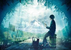 Rule 34 | 1boy, black cat, black hair, board, boardwalk, bridge, building, cat, cloud, cloudy sky, collared shirt, day, forest, fusui, highres, holding, lake, lamppost, landscape, lens flare, long sleeves, looking away, luggage, map, mountain, nature, original, outdoors, overgrown, plaid, plaid shirt, plant, ruins, scenery, shirt, short hair, sign, sitting, sky, sunlight, tunnel, vanishing point, vines, water, wide shot