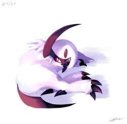 Rule 34 | absol, bright pupils, claws, creatures (company), full body, game freak, gen 3 pokemon, highres, likey, lying, nintendo, no humans, pokemon, pokemon (creature), red eyes, signature, solo, white fur, white pupils