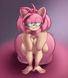 Rule 34 | 1girl, all fours, amy rose, ass, biting own lip, blush, breasts, cleavage, collarbone, convenient arm, curvy, furry, green eyes, hairband, hanging breasts, heart, heart-shaped pupils, hedgehog, hedgehog ears, hedgehog girl, highres, huge ass, large breasts, looking at viewer, naughty face, nude, satsuki supreme, simple background, solo, sonic (series), symbol-shaped pupils, thick thighs, thighs, wide hips
