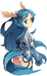 Rule 34 | 1girl, animal ears, ass, blue eyes, blue hair, china dress, chinese clothes, dragon ears, dragon girl, dragon tail, dress, fins, from behind, head fins, horns, karin (p&amp;d), long hair, looking back, matching hair/eyes, monster girl, panties, puzzle &amp; dragons, seiryuu (p&amp;d), solo, spiked knuckles, tail, tama1130, underwear, very long hair