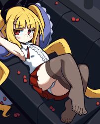 Rule 34 | 1girl, armpits, arms behind head, arms up, average-hanzo, bare arms, black bow, blazblue, blonde hair, blunt bangs, blush, bow, brown thighhighs, center frills, closed mouth, collared shirt, colored eyelashes, couch, eyelashes, feet, flat chest, foot up, frills, hair bow, head on pillow, knees up, legs, long hair, looking at viewer, lying, miniskirt, no shoes, on back, on couch, panties, pantyshot, petals, pillow, pleated skirt, rachel alucard, red eyes, red skirt, see-through, see-through legwear, shirt, sidelocks, sideways glance, skirt, sleeveless, sleeveless shirt, slit pupils, solo, thighhighs, thighs, toes, underwear, v-shaped eyebrows, vampire, very long hair, white panties, white shirt