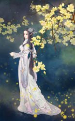 Rule 34 | 1girl, black hair, blue background, branch, chinese clothes, dress, facial mark, flower, forehead mark, full body, green eyes, hair ornament, hair stick, highres, long hair, long sleeves, looking back, luna ouyang, original, solo, standing, very long hair, white dress