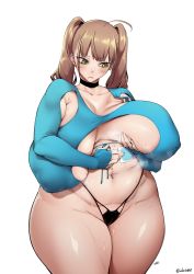 Rule 34 | 1girl, absurdres, ahoge, belly piercing, blush, breast hold, breast lift, breasts, breasts apart, brown hair, choker, covered erect nipples, earrings, f.w.zholic, facing viewer, fan (artist), green eyes, highres, huge breasts, ice pack, jewelry, long hair, long sleeve shirt, multiple piercings, navel piercing, nipple piercing, original, piercing, plump, revealing clothes, sagging breasts, sideboob, solo, standing, steaming body, sweat, thick thighs, thighs, thong, twintails, wide hips