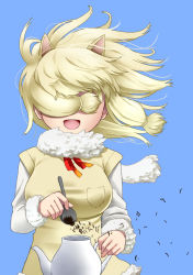 Rule 34 | 10s, 1girl, alpaca ears, alpaca suri (kemono friends), animal ears, bad id, bad pixiv id, blonde hair, blue background, breast pocket, commentary request, covered eyes, extra ears, floating hair, fur-trimmed sleeves, fur scarf, fur trim, hair over eyes, hand up, holding, holding spoon, kemono friends, long sleeves, medium hair, neck ribbon, open mouth, pocket, ragi (schrdngr), ribbon, scarf, shirt, smile, solo, spoon, teapot, upper body, vest, wind