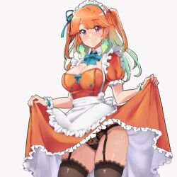 Rule 34 | 1girl, alternate costume, apron, black panties, black thighhighs, braid, breasts, cleavage, clothes lift, earrings, feather earrings, feathers, frilled apron, frills, gradient hair, green hair, heart challenger, highres, hololive, hololive english, jewelry, lace, lace-trimmed legwear, lace-trimmed panties, lace trim, looking at viewer, maid apron, maid headdress, medium breasts, melonenbrot, multicolored hair, orange hair, panties, pantyshot, puffy short sleeves, puffy sleeves, purple eyes, ribbon, short sleeves, simple background, skindentation, skirt, skirt lift, smile, solo, sweat, takanashi kiara, thighhighs, thighs, twin braids, underwear, virtual youtuber, waist apron, white background
