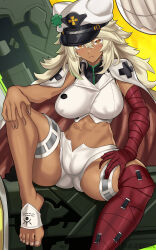 Rule 34 | 1girl, abs, absurdres, blonde hair, breasts, cape, colored eyelashes, commentary request, crop top, guilty gear, hat, highres, large breasts, long hair, midriff, muscular, muscular female, navel, nez-box, paid reward available, peaked cap, ramlethal valentine, shirt, short shorts, shorts, sitting, solo, stomach, thighs, very long hair, white cape, white hat, white shirt, white shorts, yellow eyes