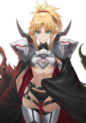 Rule 34 | 1girl, armor, blonde hair, braid, breasts, commentary request, fate/apocrypha, fate (series), french braid, green eyes, hair ornament, hair scrunchie, highres, long hair, looking at viewer, mordred (fate), mordred (fate/apocrypha), parted bangs, ponytail, red scrunchie, scrunchie, sidelocks, small breasts, smile, solo, tonee, underboob