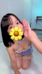 1girl all_fours animated asian bare_shoulders breasts brown_hair censored censored_face cleavage crawling downblouse emoji emoji_censor flower_emoji highres hinkonhima censored_identity indoors long_hair looking_at_viewer medium_breasts photo_(medium) real_life solo sound video