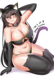 Rule 34 | 1girl, absurdres, alternate costume, animal ears, arm support, bare shoulders, black bra, black choker, black gloves, black hair, black panties, black thighhighs, bra, breasts, cat cutout, cat ears, cat girl, cat lingerie, cat tail, choker, cleavage, cleavage cutout, clothing cutout, commentary, dated, elbow gloves, english commentary, full body, gloves, highres, kantai collection, katou shinobu, large breasts, long hair, meme attire, nagato (kancolle), panties, red eyes, simple background, sitting, solo, strapless, strapless bra, tail, thighhighs, twitter username, underwear, white background, yokozuwari