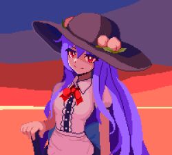 Rule 34 | 1girl, blue hair, bow, brodall pixel, commentary request, food, fruit, hat, hinanawi tenshi, leaf, long hair, looking at viewer, peach, pixel art, puffy sleeves, red eyes, short sleeves, smile, solo, touhou, very long hair