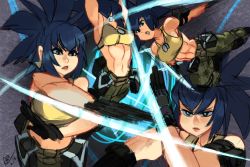 Rule 34 | 1girl, abs, alex ahad, armpits, bare shoulders, blue eyes, blue hair, breasts, camouflage, camouflage pants, cargo pants, commentary, dog tags, earrings, energy, english commentary, gloves, jewelry, large breasts, leona heidern, lips, looking at viewer, multiple views, navel, open arms, pants, ponytail, pouch, signature, slashing, tank top, the king of fighters, the king of fighters xiv, the king of fighters xv, triangle earrings, yellow tank top