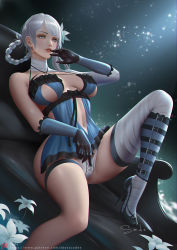 Rule 34 | 1girl, areola slip, bandaged arm, bandaged leg, bandages, bare shoulders, belt, black footwear, black gloves, breasts, breasts apart, chinese commentary, elbow gloves, flower, frills, full body, gloves, grey eyes, grey hair, hand to own mouth, high heels, kaine (nier), large breasts, long hair, looking at viewer, navel, nier (series), nostrils, outdoors, panties, parted bangs, parted lips, patreon username, red lips, sade abyss, signature, sky, solo, star (sky), starry sky, stiletto heels, stomach, thigh strap, thighs, underwear, white flower, white panties