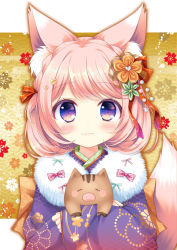 Rule 34 | 1girl, :3, animal, animal ear fluff, animal ears, animal hug, blush, bow, cat ears, chinese zodiac, closed mouth, fox ears, fox tail, fur collar, hair bow, hair ornament, highres, japanese clothes, kimono, long sleeves, looking at viewer, new year, original, pig, pink hair, purple eyes, purple kimono, red bow, ryuuka sane, sleeves past wrists, solo, tail, upper body, year of the pig
