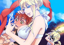 Rule 34 | 1boy, 2girls, ahoge, artoria pendragon (all), artoria pendragon (fate), artoria pendragon (lancer) (fate), artoria pendragon (swimsuit archer) (second ascension) (fate), blonde hair, blue eyes, blush, breasts, commentary request, dual persona, emiya shirou, excalibur (fate/stay night), fate/grand order, fate/stay night, fate (series), large breasts, long hair, multiple girls, otama (atama ohanabatake), ponytail, projection magecraft (fate/grand order), raglan sleeves, red hair, saber (fate)