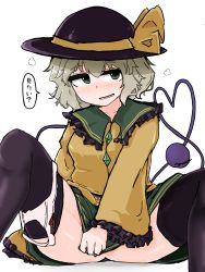 Rule 34 | 1girl, :d, black hat, black thighhighs, blouse, blush, buttons, closed eyes, commentary request, diamond button, frilled shirt, frills, green eyes, green hair, green skirt, hat, hat ribbon, heart, heart of string, highres, iwarasaikou, knees up, komeiji koishi, long sleeves, looking at viewer, medium hair, naughty face, open mouth, panties, panties around leg, parted lips, ribbon, shirt, sitting, skirt, skirt grab, skirt tug, smile, solo, spread legs, teasing, thighhighs, thighs, third eye, touhou, translation request, underwear, upskirt, wide sleeves, yellow ribbon, yellow shirt