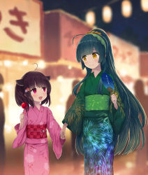 Rule 34 | 2girls, ahoge, alternate costume, black hair, blunt bangs, blurry, blush, bob cut, brown eyes, candy apple, child, dark green hair, depth of field, eye contact, festival, fireworks print, floral print, food, food stand, green hair, green hairband, hairband, hand fan, happy, headgear, height difference, high ponytail, highres, holding hands, isou nagi, japanese clothes, kimono, lantern, long hair, looking at another, looking to the side, multiple girls, night, obi, open mouth, outdoors, paper fan, paper lantern, pea pod, purple eyes, sash, siblings, sisters, sky, smile, star (sky), summer, touhoku kiritan, touhoku zunko, uchiwa, voiceroid, walking, yukata