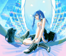 Rule 34 | bare shoulders, blue eyes, blue hair, boots, choker, cross-laced footwear, dress, earrings, ferret, frills, glasses, high heels, jewelry, lace-up boots, laces, long hair, open mouth, original, shoe tying, shoes, sneakers, solo, twintails, xiacheng tatsuya
