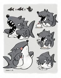 Rule 34 | 1other, animal, animal ears, animal focus, cake, chimerism, dagasi yk, dog, dog ears, eating, food, fusion, grey background, highres, licking lips, multiple views, original, sad, shark, sharp teeth, symbol-only commentary, tearing up, teeth, tongue, tongue out, twitter username