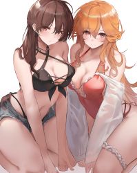 Rule 34 | 2girls, absurdres, azur lane, bare arms, bare shoulders, between legs, bikini, black bikini, blonde hair, breast press, breasts, brown hair, cleavage, closed mouth, criss-cross halter, cutoffs, denim, denim shorts, earrings, expressionless, front-tie bikini top, front-tie top, halterneck, halterneck, highleg, highleg bikini, highres, jean bart (azur lane), jean bart (private apres midi) (azur lane), jewelry, bridal garter, liaowen, long sleeves, medium breasts, micro shorts, multiple girls, navel, necklace, no headwear, no headwear, off shoulder, official alternate costume, one-piece swimsuit, open fly, pink one-piece swimsuit, red eyes, richelieu (azur lane), richelieu (fleuron of the waves) (azur lane), short shorts, shorts, skindentation, smile, stomach, string bikini, swimsuit, symmetrical docking, thighs