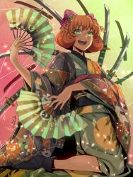 Rule 34 | 1girl, bow, commentary request, curly hair, flower, folding fan, freckles, green eyes, hair bow, hair flower, hair ornament, hand fan, japanese clothes, kimono, open mouth, orange hair, penny polendina, power symbol, rwby, smile, solo, sumiwow, sword, wakizashi, weapon, wire