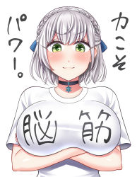 Rule 34 | 1girl, black choker, blue ribbon, blush, braid, breasts, choker, crossed arms, french braid, green eyes, hairband, highres, hololive, hololive fantasy, large breasts, looking at viewer, ribbon, shirogane noel, shirt, short hair, silver hair, smile, snowflake choker, snowflake pendant, solo, upper body, virtual youtuber, wavy hair, yakisobapan tarou &amp; negitoro-ko