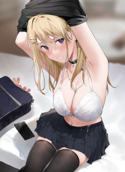 Rule 34 | 1girl, absurdres, armpits, arms up, bag, bed, belt collar, black thighhighs, blonde hair, blurry, blurry background, blush, bra, breasts, cellphone, cleavage, collar, grin, gyaru, hair ornament, hairclip, highres, indoors, jewelry, large breasts, long hair, looking at viewer, mole, mole on armpit, mole on stomach, navel piercing, necklace, on bed, original, phone, piercing, pleated skirt, purple eyes, school bag, school uniform, sidelocks, sitting, skirt, smartphone, smile, solo, teeth, thighhighs, underwear, undressing, white bra, x hair ornament, xretakex, zettai ryouiki