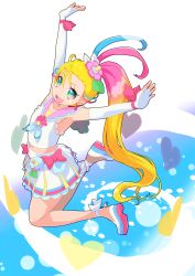 Rule 34 | 1girl, absurdres, armpits, arms up, blonde hair, blue hair, commentary request, cure summer, elbow gloves, fingerless gloves, flower, full body, gloves, green eyes, hair flower, hair ornament, heart, highres, jumping, long hair, looking at viewer, magical girl, midriff, mishiki sakana, multicolored clothes, multicolored hair, multicolored skirt, natsuumi manatsu, open mouth, pink hair, ponytail, precure, revision, simple background, skirt, solo, tropical-rouge! precure, very long hair, white background, white gloves, white skirt