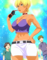 Rule 34 | 10s, 1girl, 2boys, absurdres, bare shoulders, belt, blonde hair, blush, breasts, choker, curvy, dark skin, gradient background, green eyes, hand on own hip, hetero, highres, large breasts, mito ikumi, multiple boys, navel, revealing clothes, screencap, shiny skin, shokugeki no souma, short hair, skirt, standing, stitched, sunglasses, sunglasses removed, tan, third-party edit