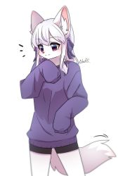 Rule 34 | 1girl, absurdres, animal ear fluff, animal ears, bike shorts, body fur, female focus, furry, furry female, highres, long sleeves, nachiwanko, original, purple eyes, sidelocks, simple background, sleeves past wrists, smile, solo, tail, white background, white fur, white hair, wolf ears, wolf tail