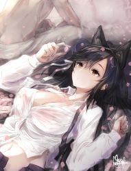 Rule 34 | 1boy, 1girl, atago (azur lane), azur lane, black hair, black skirt, blush, breasts, brown eyes, cherry blossoms, cleavage, collarbone, commentary request, dated, dress shirt, hair between eyes, hair ribbon, hands up, highres, holding, holding petal, long hair, long sleeves, looking away, lying, mappaninatta, medium breasts, navel, on back, open clothes, open skirt, pants, petals, ribbon, shirt, signature, sitting, skirt, sleeves past wrists, solo focus, spring (season), topless male, very long hair, white pants, white ribbon, white shirt