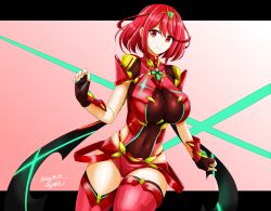 Rule 34 | 1girl, black gloves, breasts, chest jewel, earrings, fingerless gloves, gloves, hisin, jewelry, large breasts, pyra (xenoblade), red eyes, red hair, red shorts, red thighhighs, short hair, short shorts, shorts, solo, swept bangs, thighhighs, tiara, xenoblade chronicles (series), xenoblade chronicles 2
